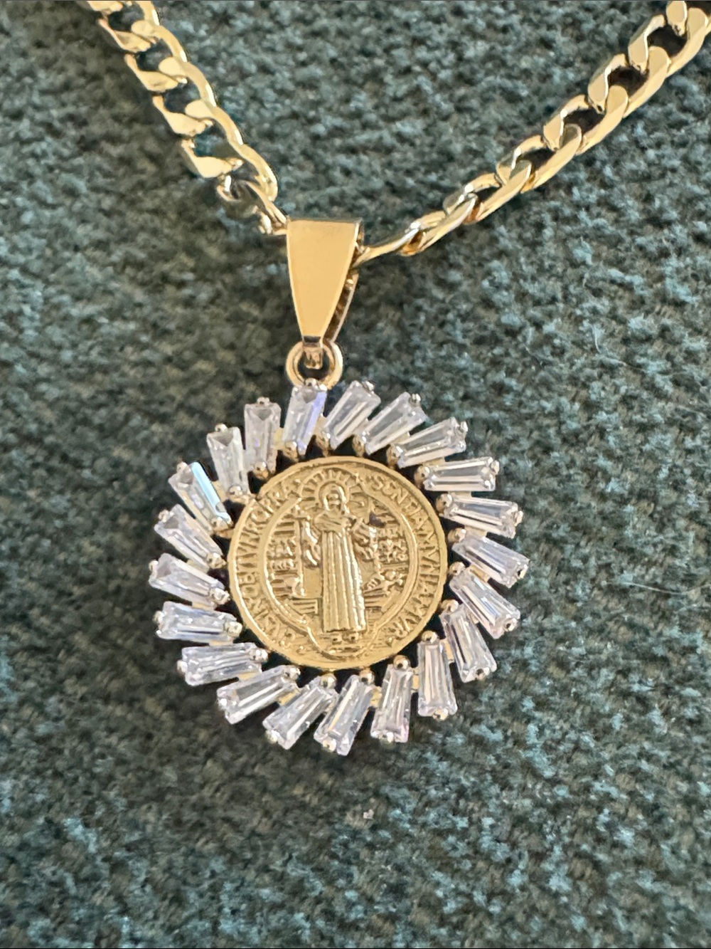 Gold Saint Medal Pendant Necklace with Clear Crystal Halo